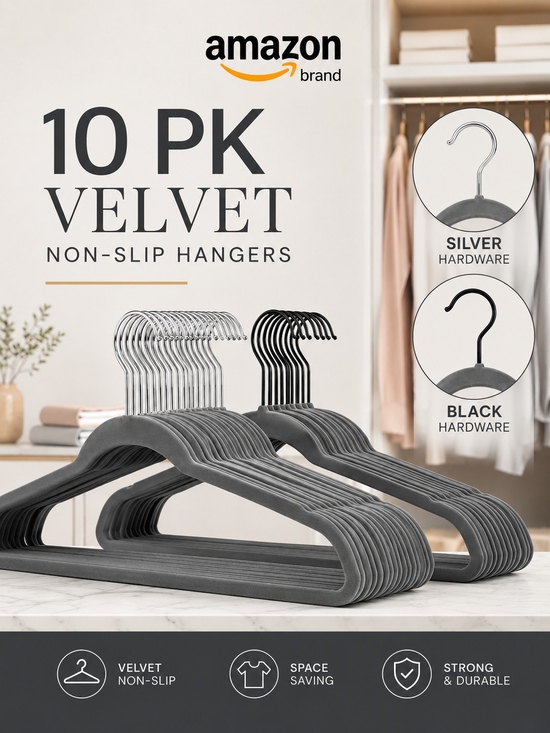 Amazon Other - 10Pk Grey Velvet Non-Slip Hangers | Silver or Black Hardware | Space Saving |EUC